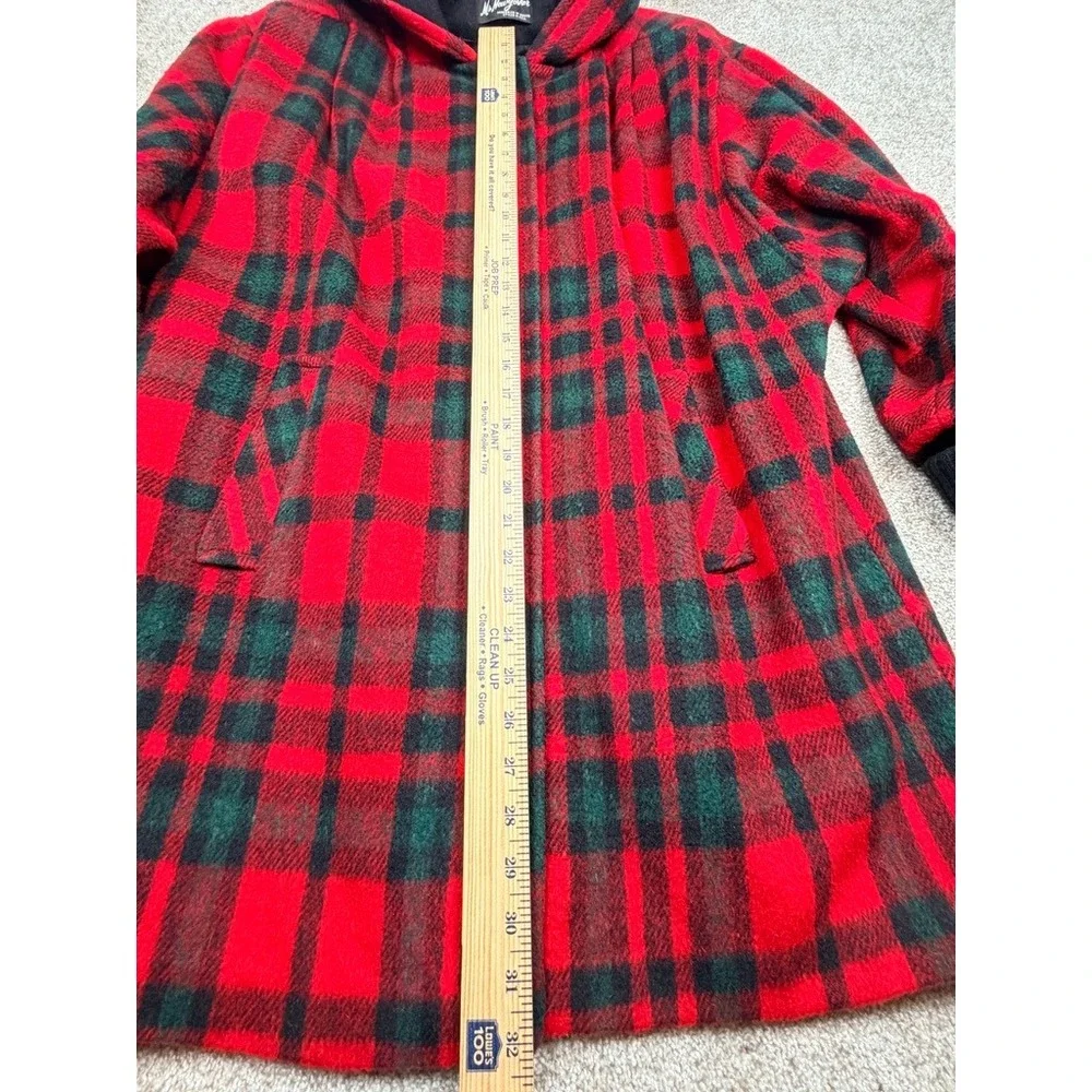 Ms New Yorker Vintage Hooded Plaid Coat Red Green Tartan Button Front Rib Cuffs